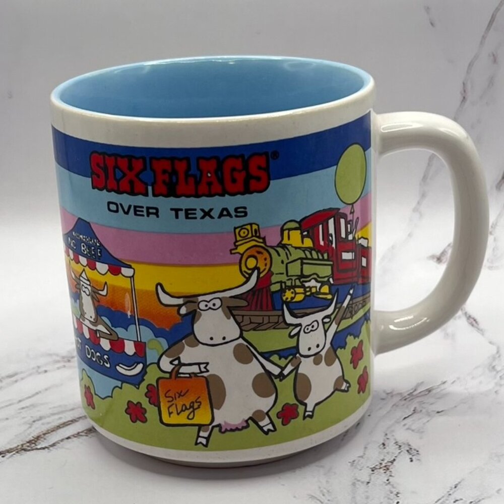 Vintage Six Flags Over Texas Longhorn Cow Cattle Mug Cup Souvenir RARE